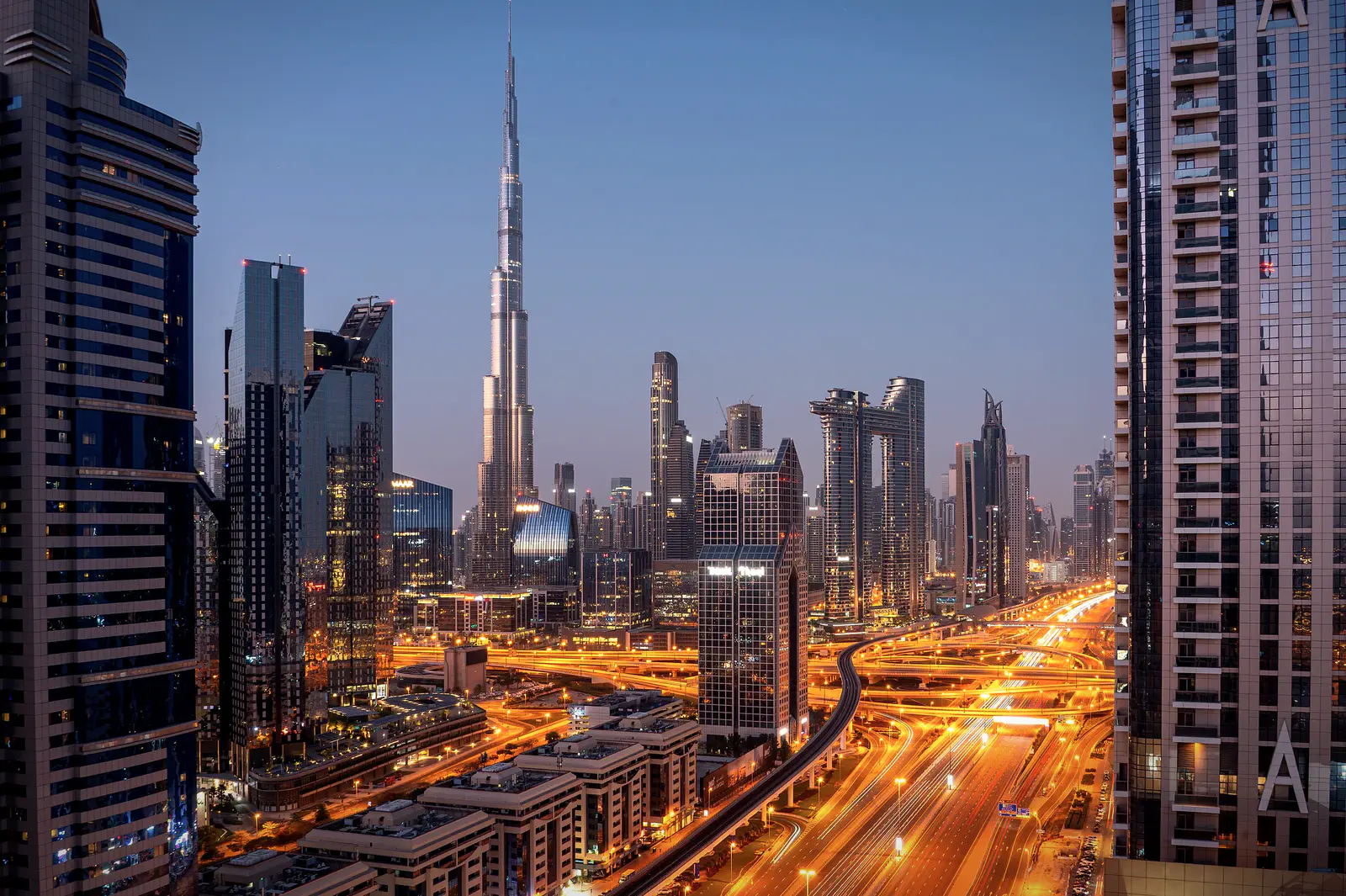 Downtown Dubai skyline in the evening