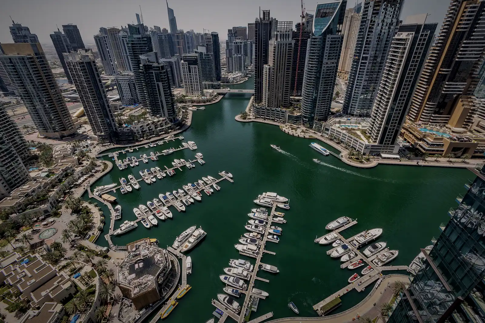 Aerial view of Dubai Marina at golden hour