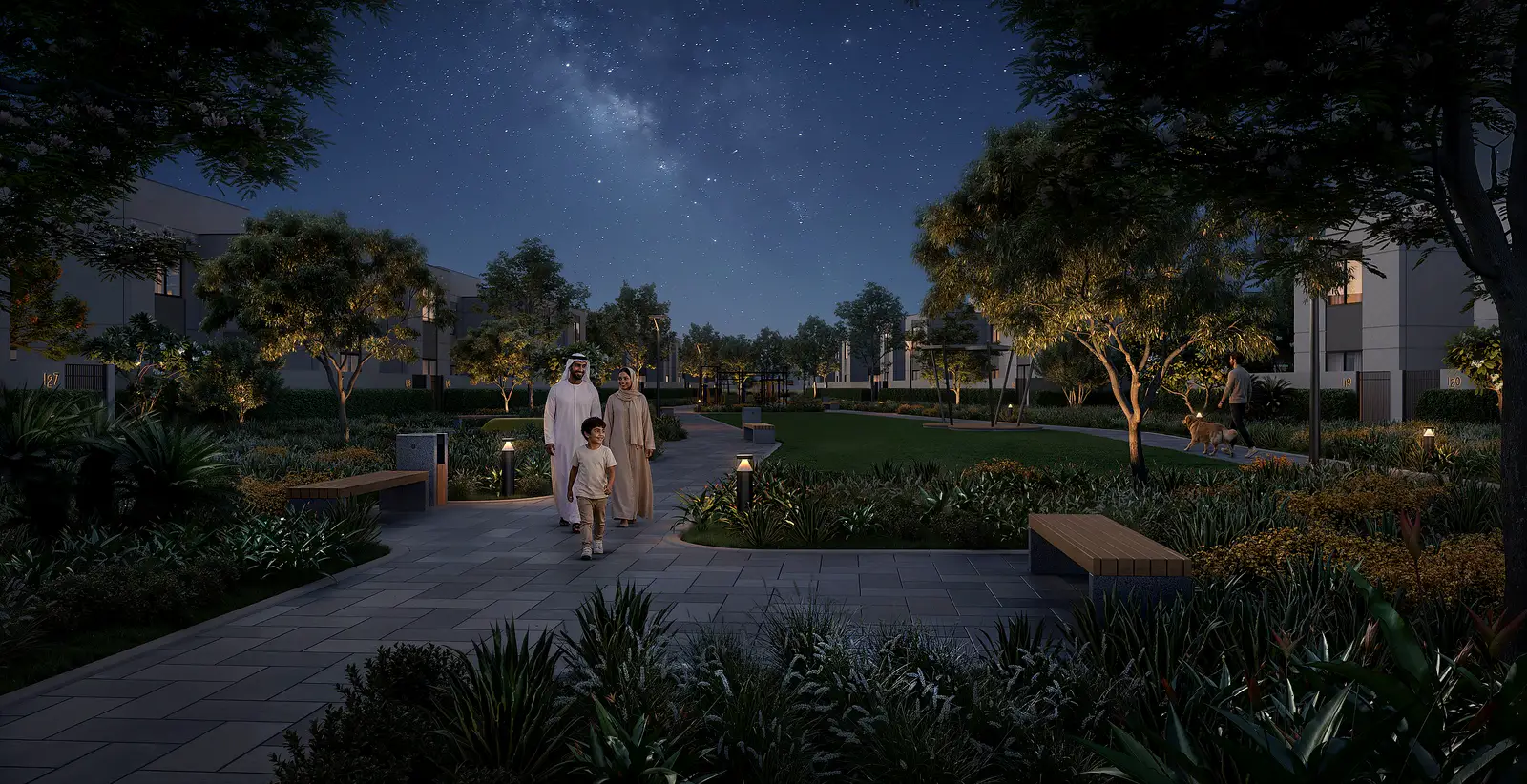 Al Ghadeer Gardens, night render of the garden paths