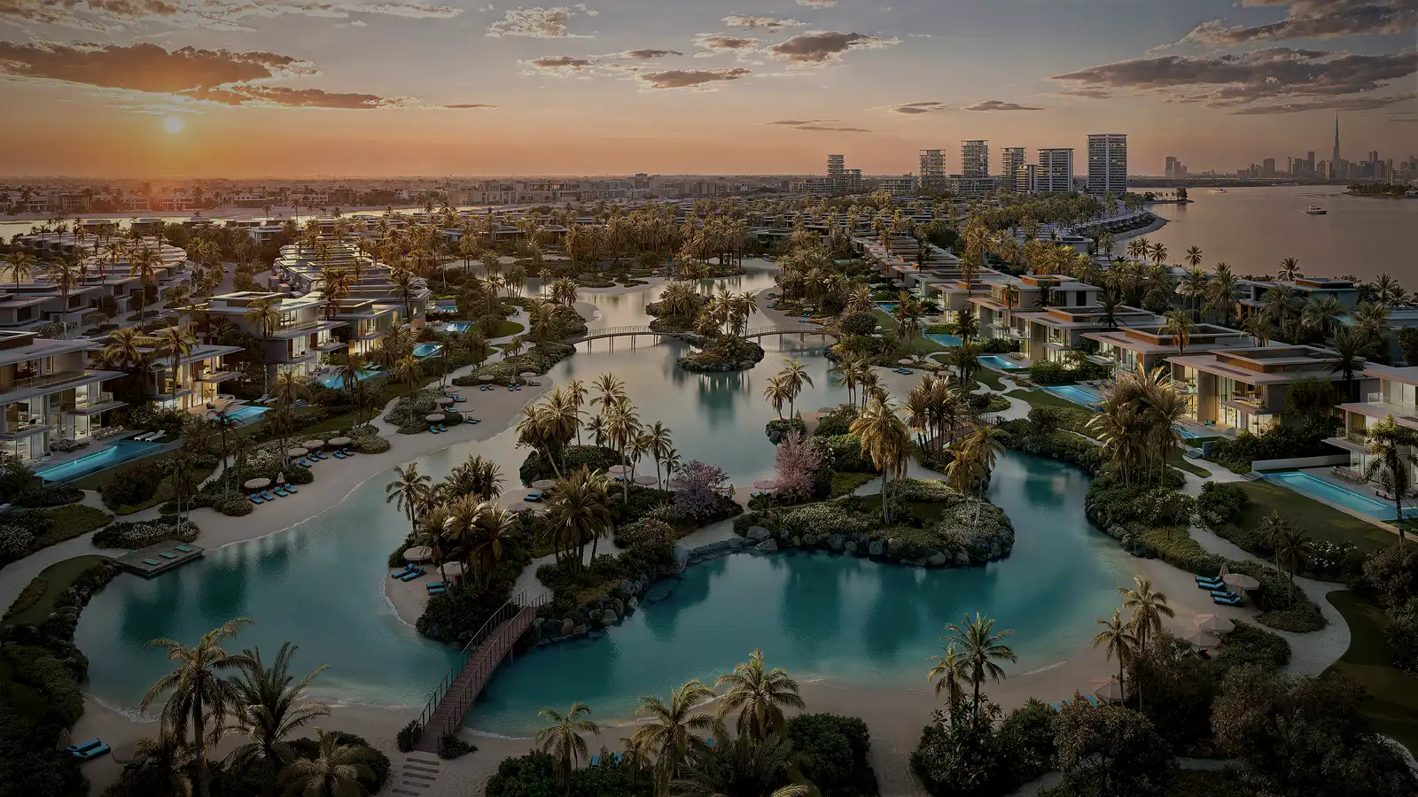 Bay Estate by Nakheel, aerial render of the islands at golden hour