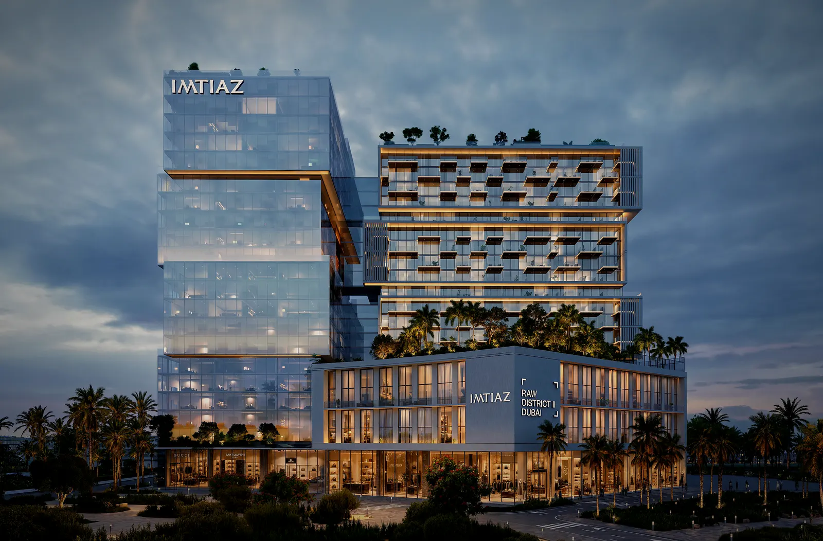 Raw District II, render of the facade at dusk