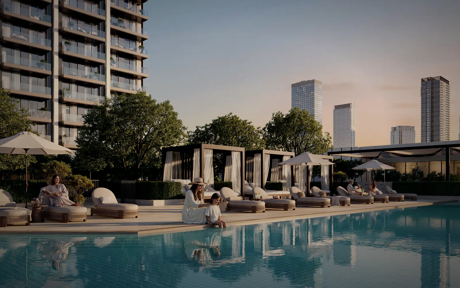 Valia, render of the pool at golden hour