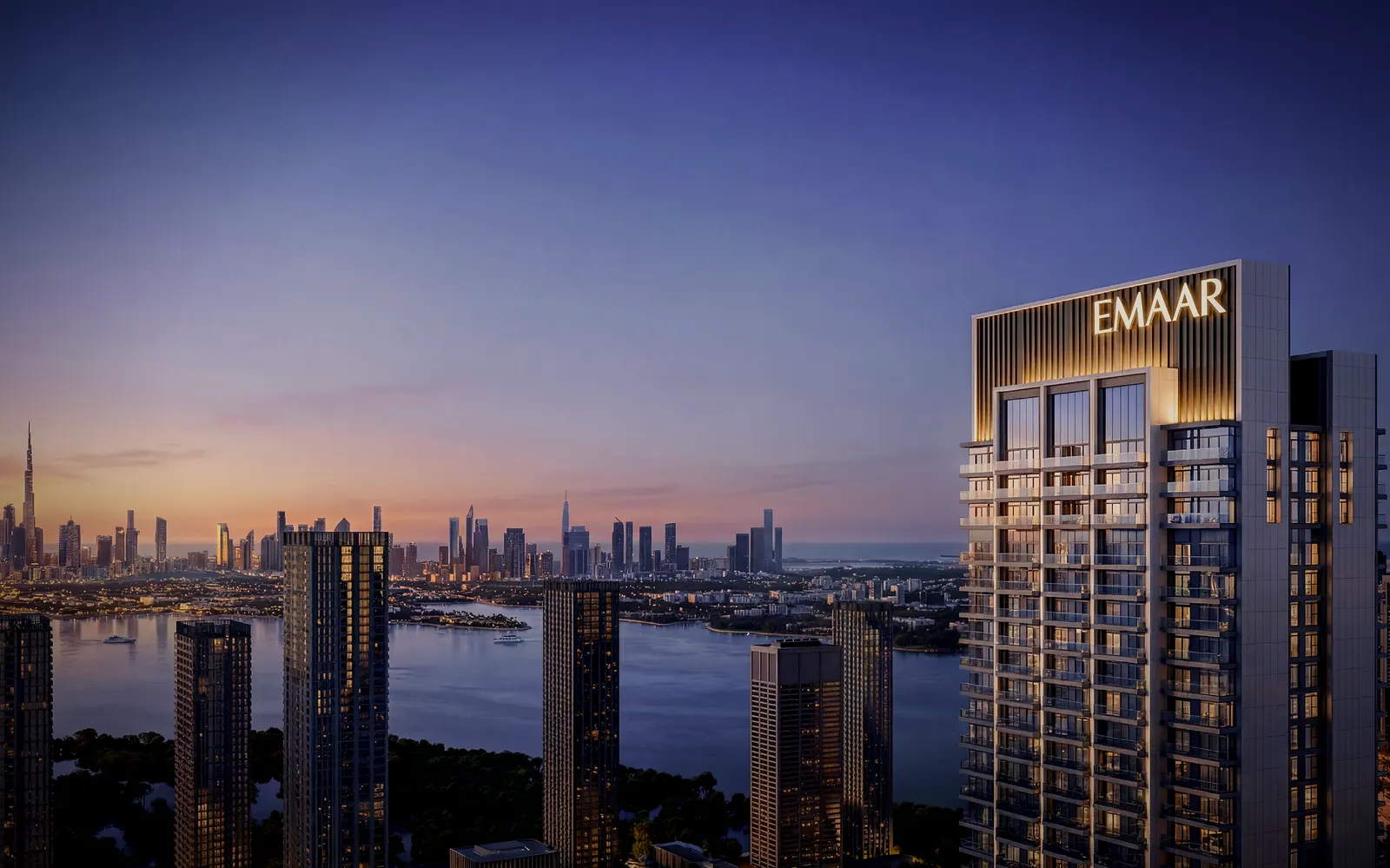 Valia at Dubai Creek Harbour, render at dusk with the Downtown skyline