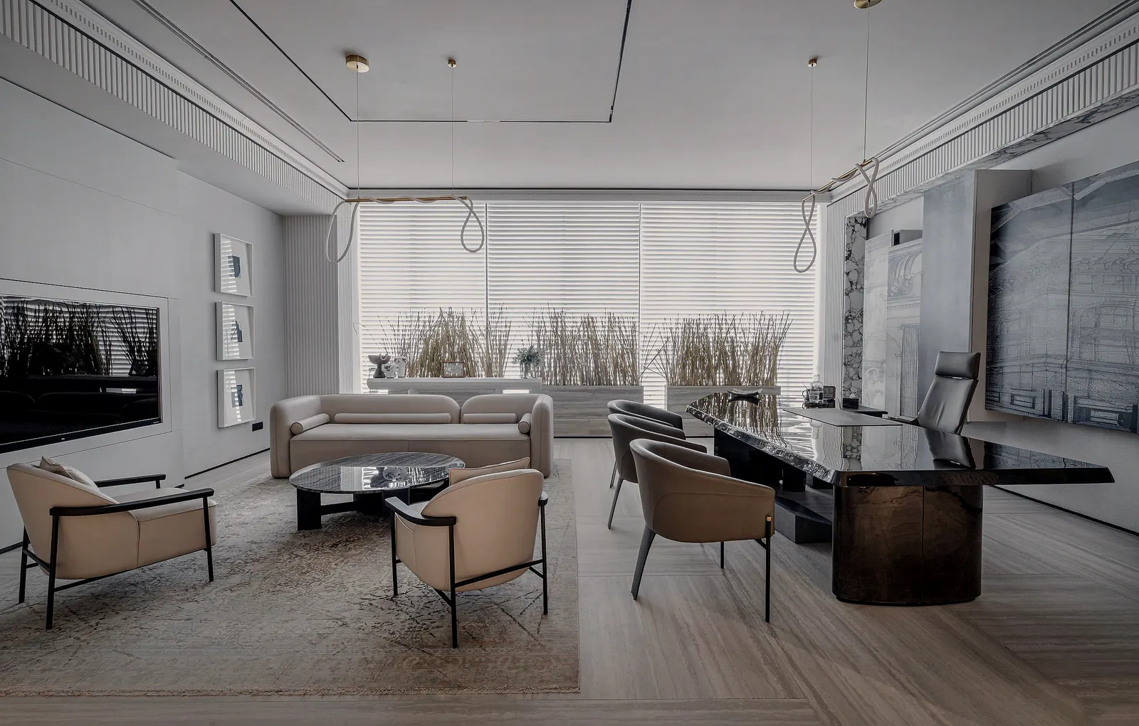 Warm, low-lit office interior with wood and brass